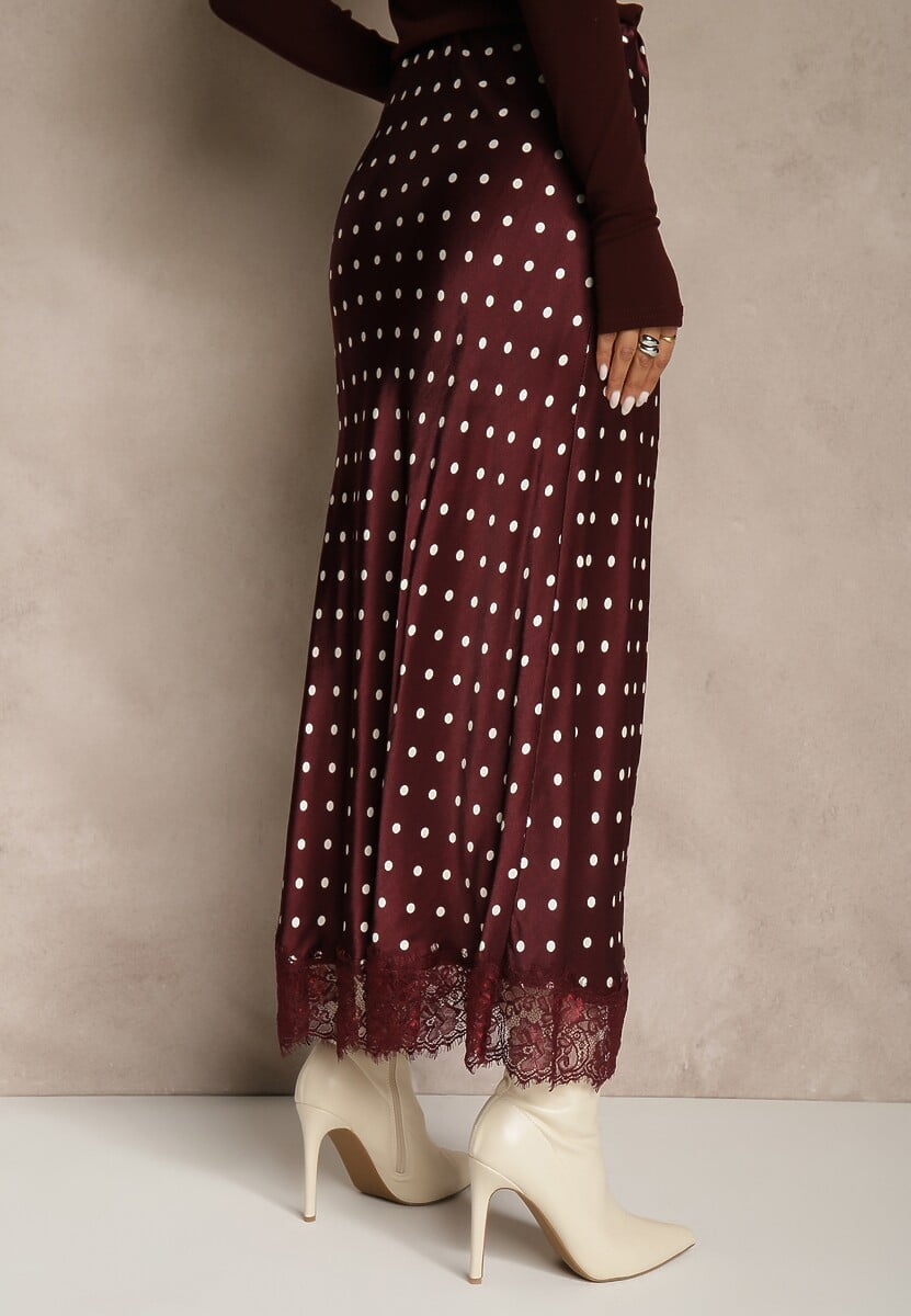 Bordowa Spódnica z Wiskozy High Waist Ozdobiona Kropkami i Koronką Monivia 3