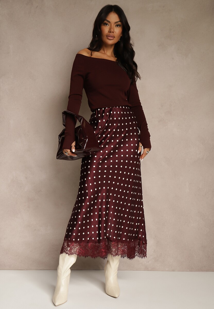 Bordowa Spódnica z Wiskozy High Waist Ozdobiona Kropkami i Koronką Monivia 1