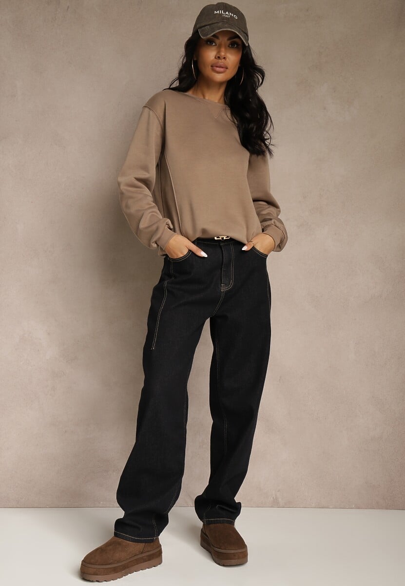 Ciemnobeżowa Bluza z Bawełną i Przeszyciami przy Dekolcie Fezanna 2