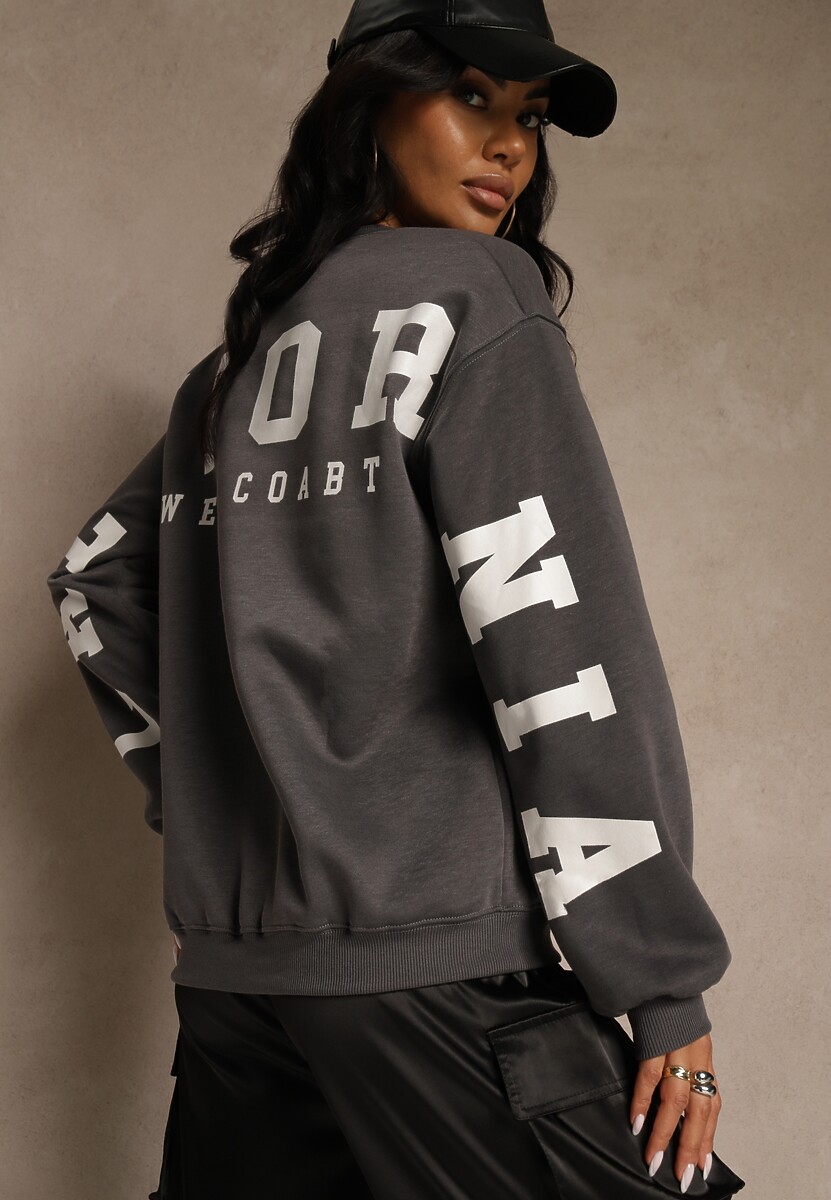 Szara Bluza Ocieplana z Bawełną Ozdobiona Napisem Fezurra 3