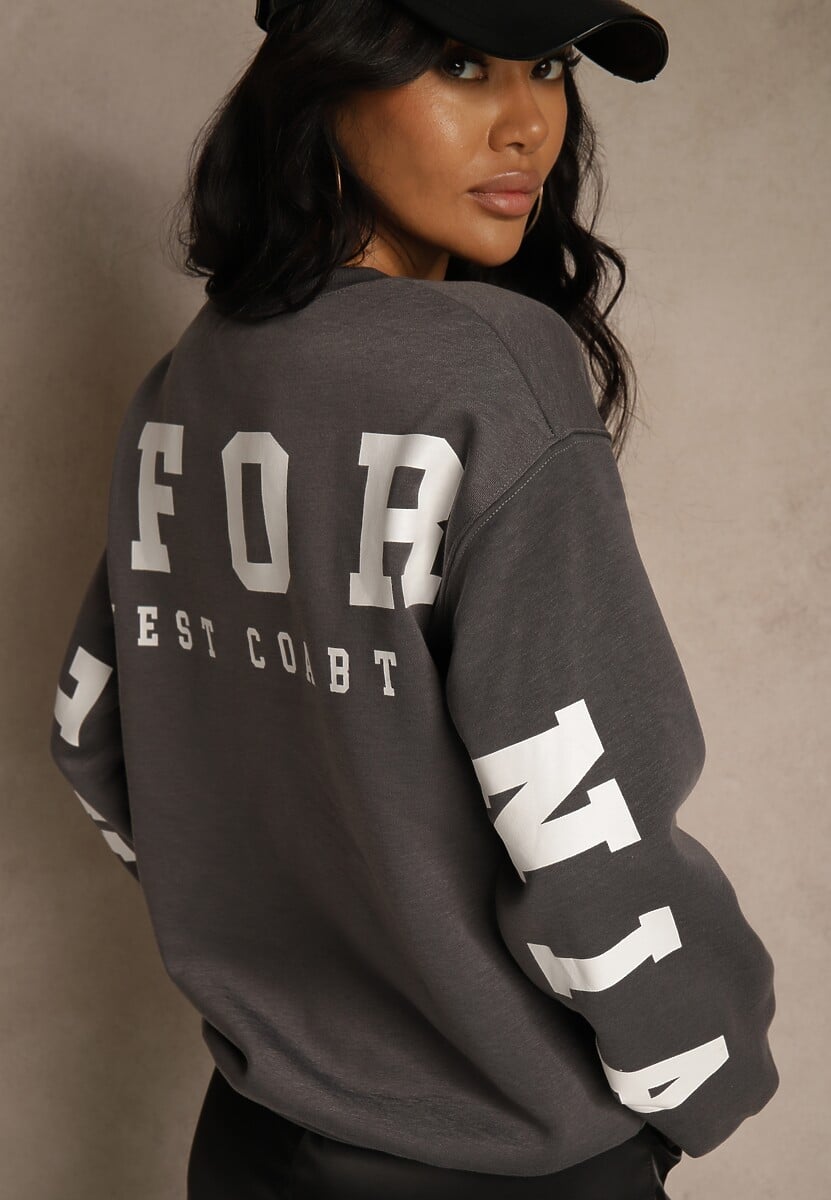 Szara Bluza Ocieplana z Bawełną Ozdobiona Napisem Fezurra 1