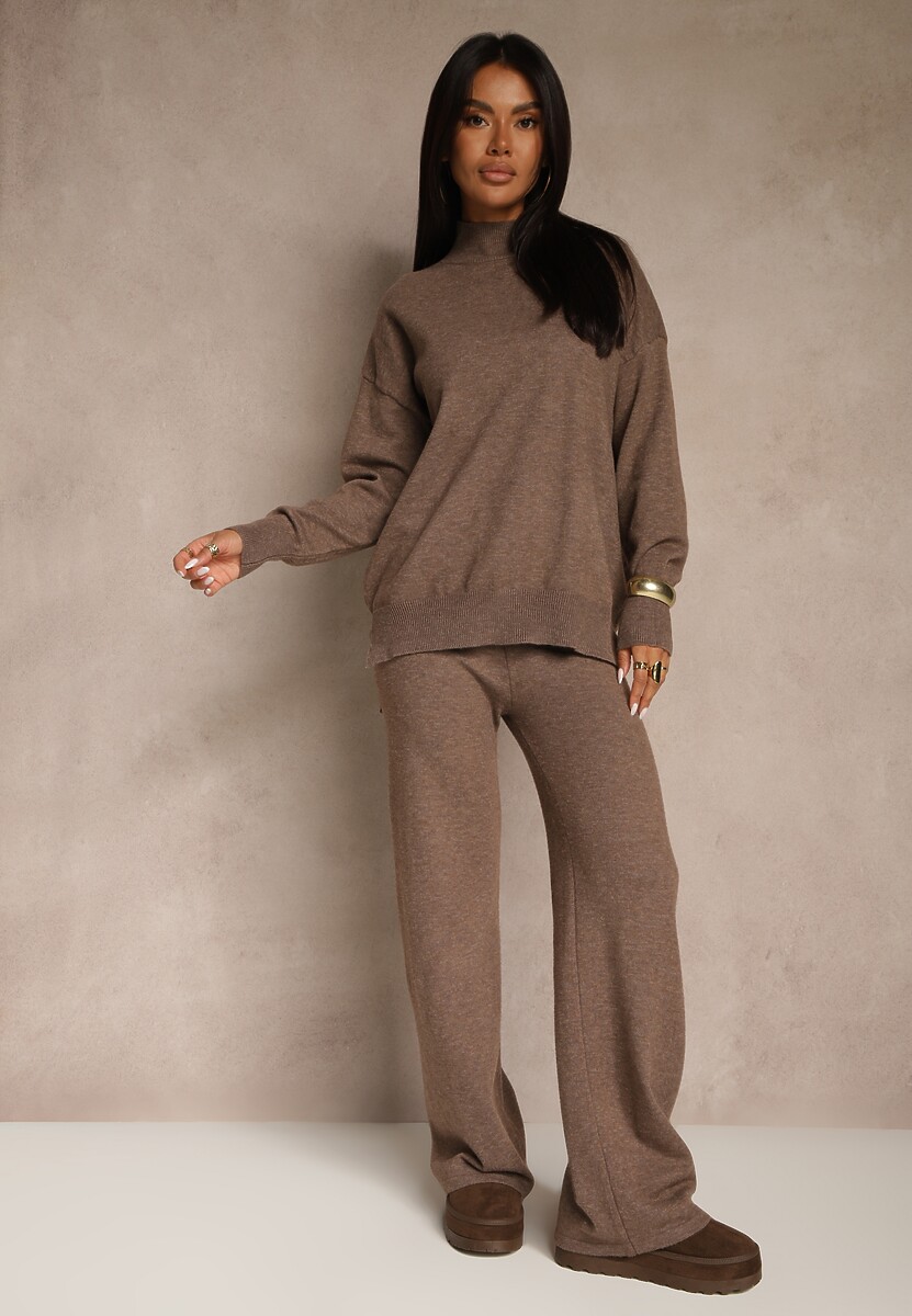 Brązowy Komplet Dzianinowy z Wełną i Bawełną Sweter Golf i Szerokie Spodnie  Reipella 1