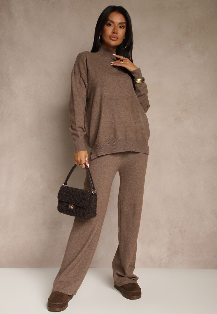 Brązowy Komplet Dzianinowy z Wełną i Bawełną Sweter Golf i Szerokie Spodnie  Reipella 2