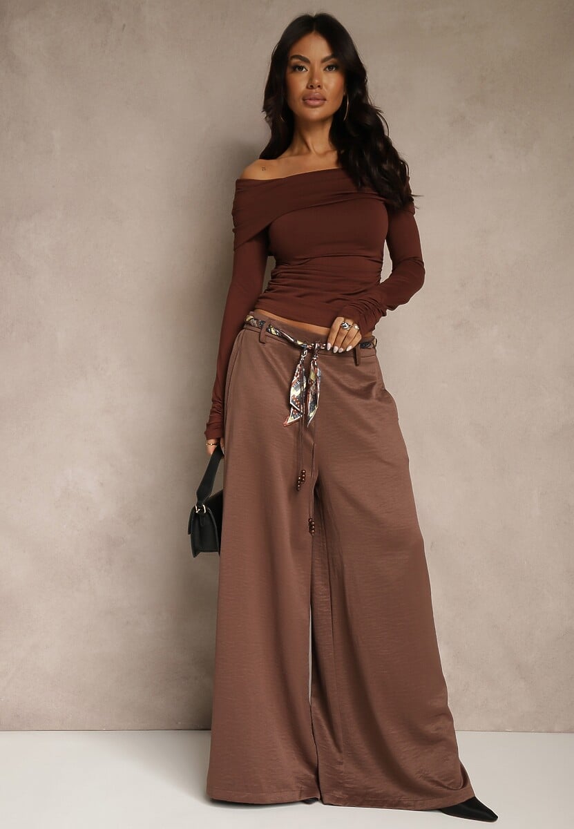 Brązowe Szerokie Spodnie z Paskiem w Stylu Wstążki Tussema 2