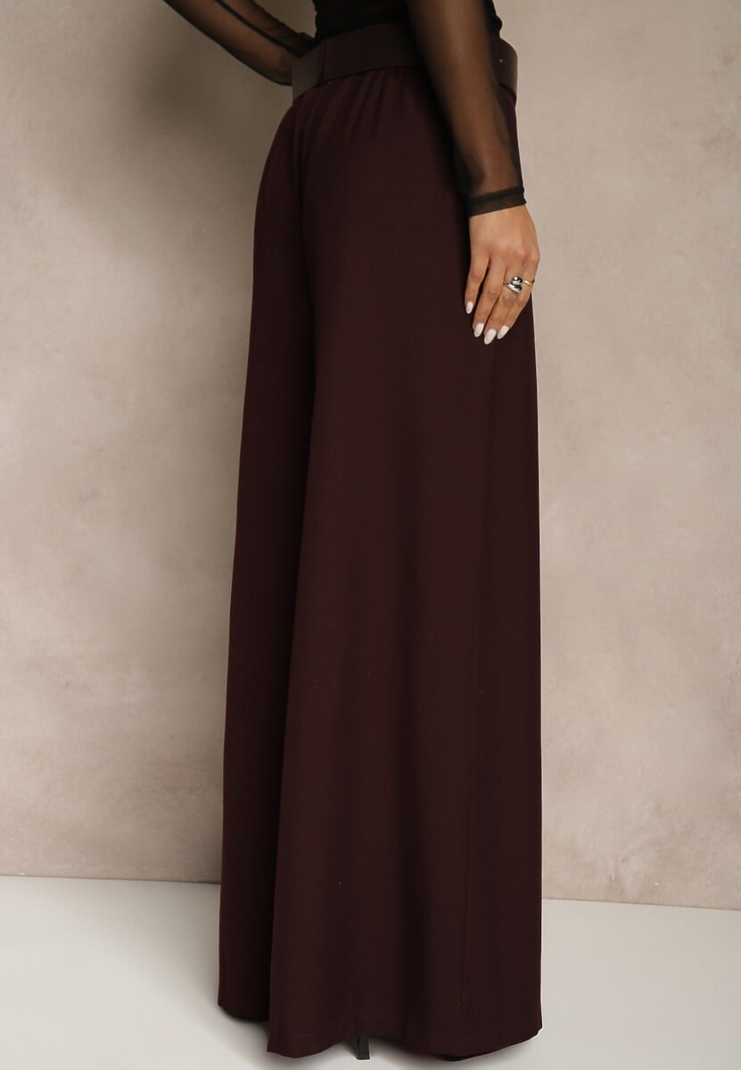 Bordowe Szerokie Garniturowe Spodnie z Bawełny High Waist Ozdobione Paskiem Tusneva 3