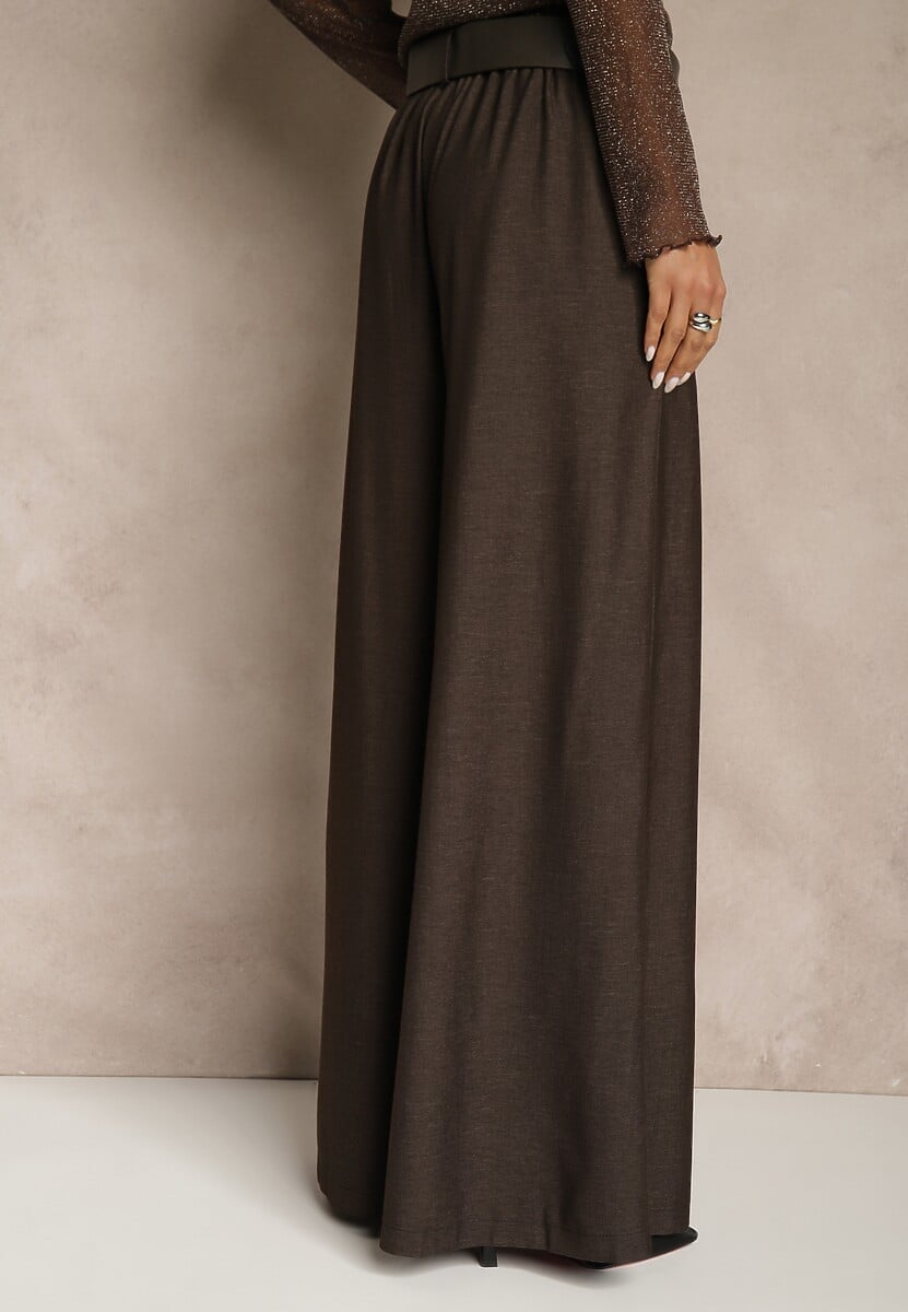 Brązowe Szerokie Garniturowe Spodnie z Bawełny High Waist Ozdobione Paskiem Tusneva 3