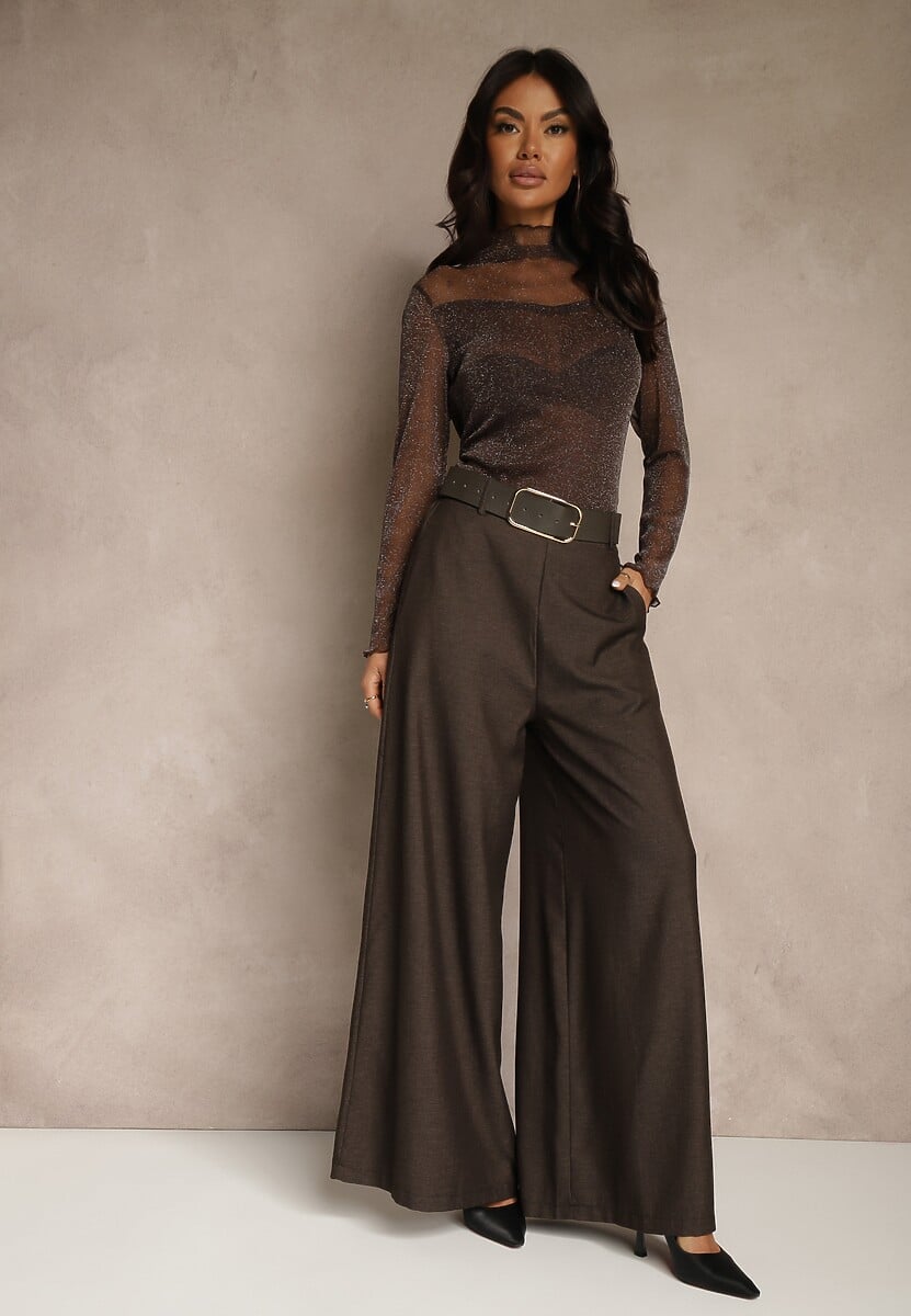 Brązowe Szerokie Garniturowe Spodnie z Bawełny High Waist Ozdobione Paskiem Tusneva 1