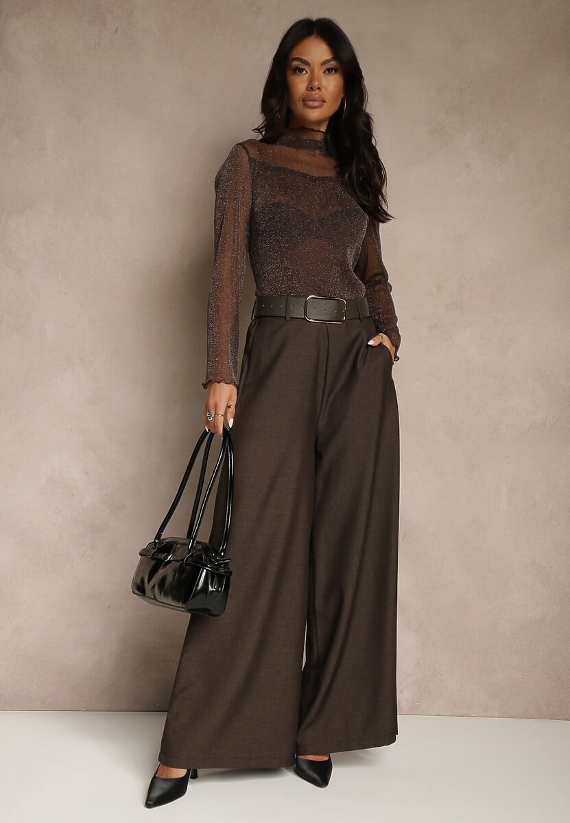 Brązowe Szerokie Garniturowe Spodnie z Bawełny High Waist Ozdobione Paskiem Tusneva 2