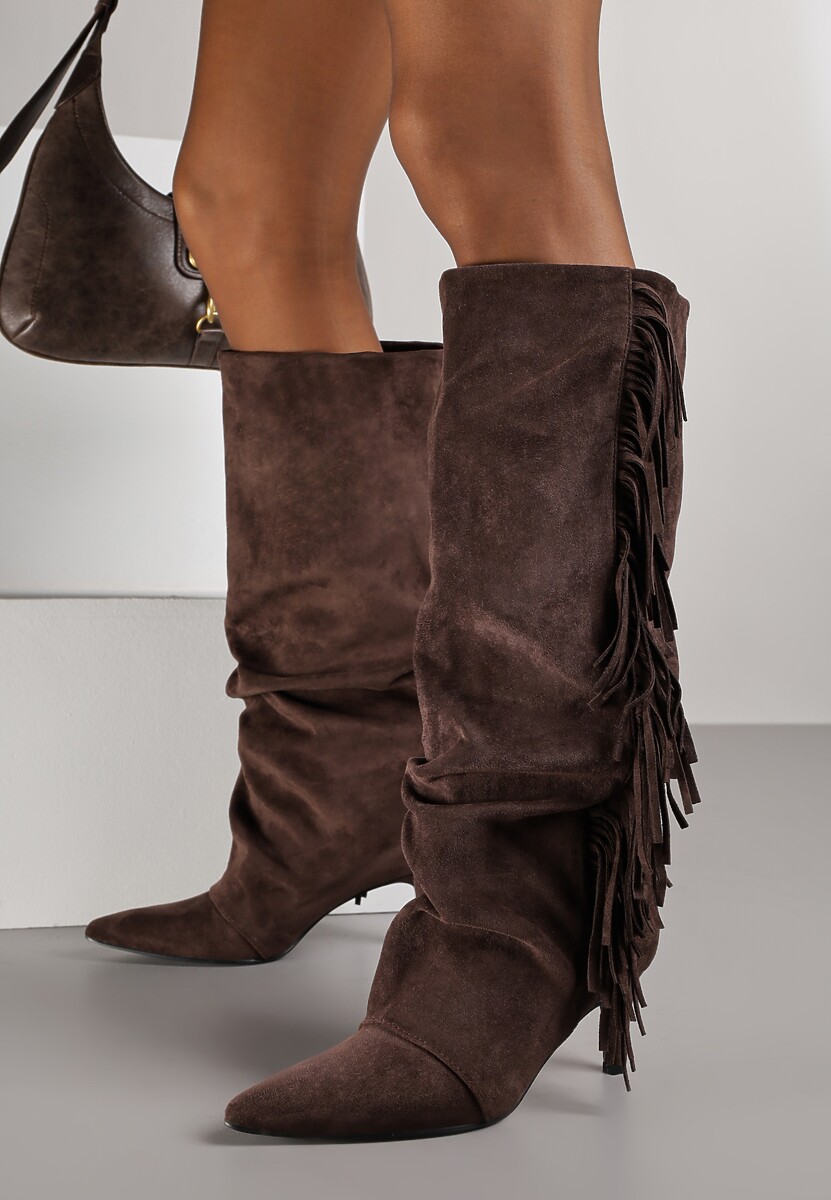 Brązowe Kozaki z Imitacji Zamszu na Szpilce z Marszczoną Cholewką z Frędzlami Linotris 1