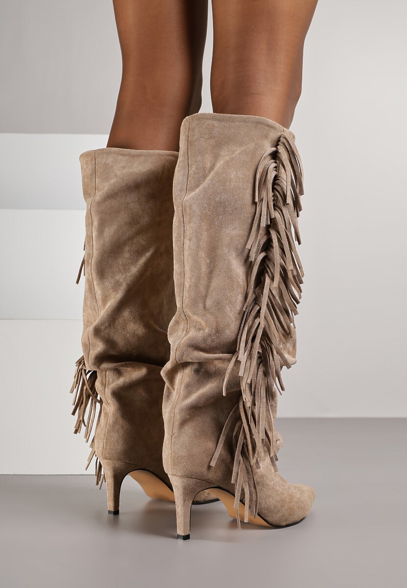 Ciemnobeżowe Kozaki z Imitacji Zamszu na Szpilce z Marszczoną Cholewką z Frędzlami Linotris 3