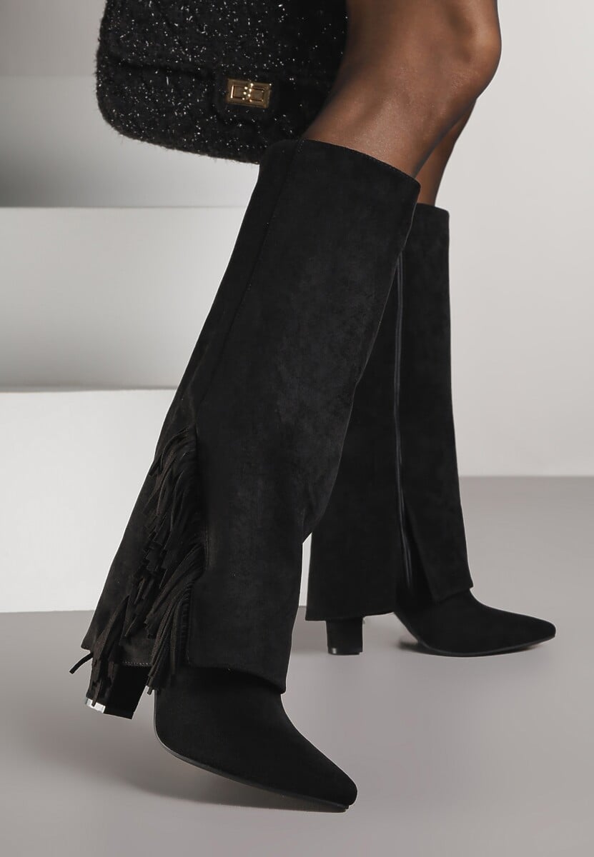 Czarne Kozaki na Słupkowym Obcasie z Cholewką Imitującą Nogawkę z Frędzlami Linafela 1