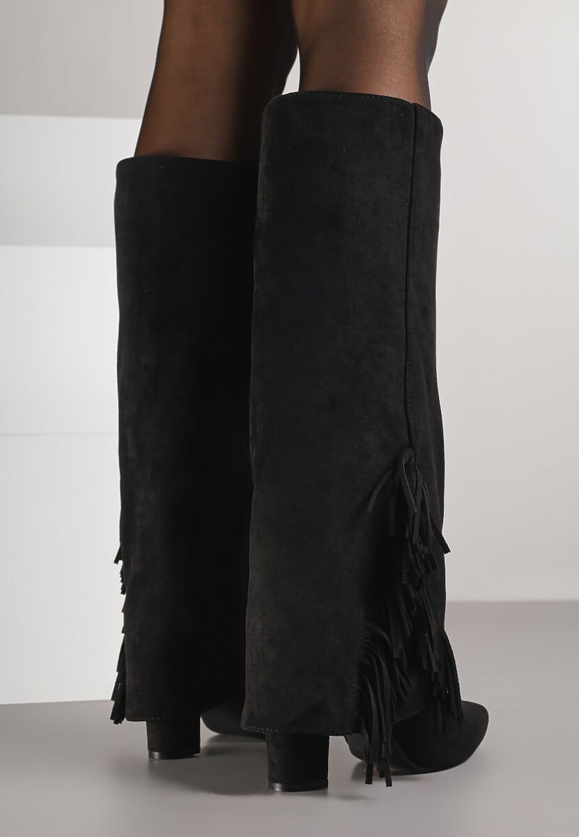 Czarne Kozaki na Słupkowym Obcasie z Cholewką Imitującą Nogawkę z Frędzlami Linafela 3