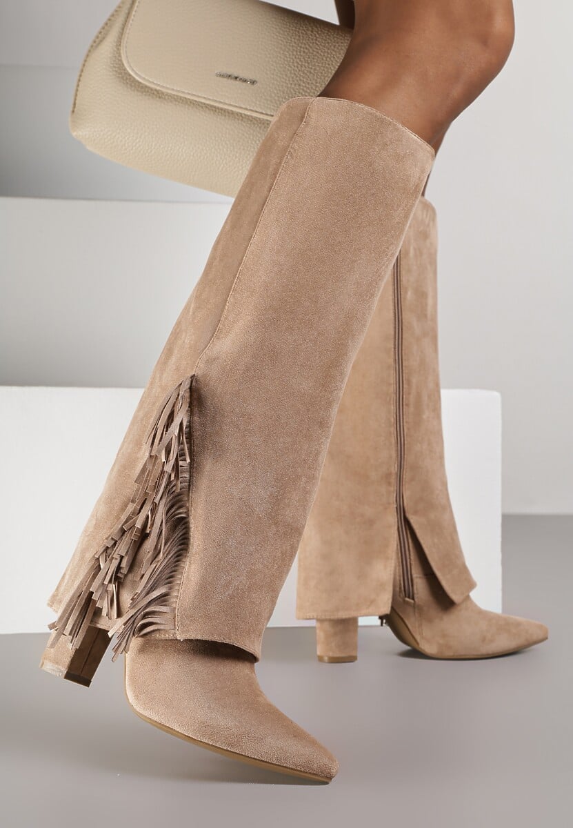 Ciemnobeżowe Kozaki na Słupkowym Obcasie z Cholewką Imitującą Nogawkę z Frędzlami Linafela 1