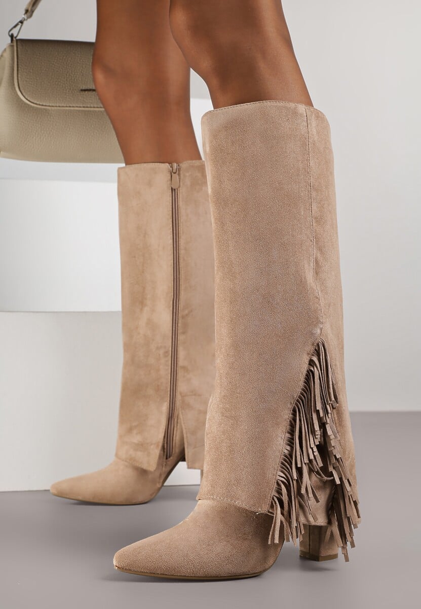 Ciemnobeżowe Kozaki na Słupkowym Obcasie z Cholewką Imitującą Nogawkę z Frędzlami Linafela 2