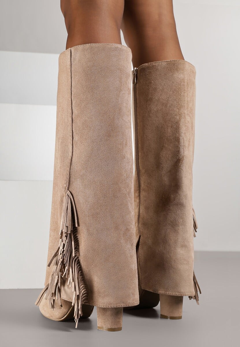 Ciemnobeżowe Kozaki na Słupkowym Obcasie z Cholewką Imitującą Nogawkę z Frędzlami Linafela 3