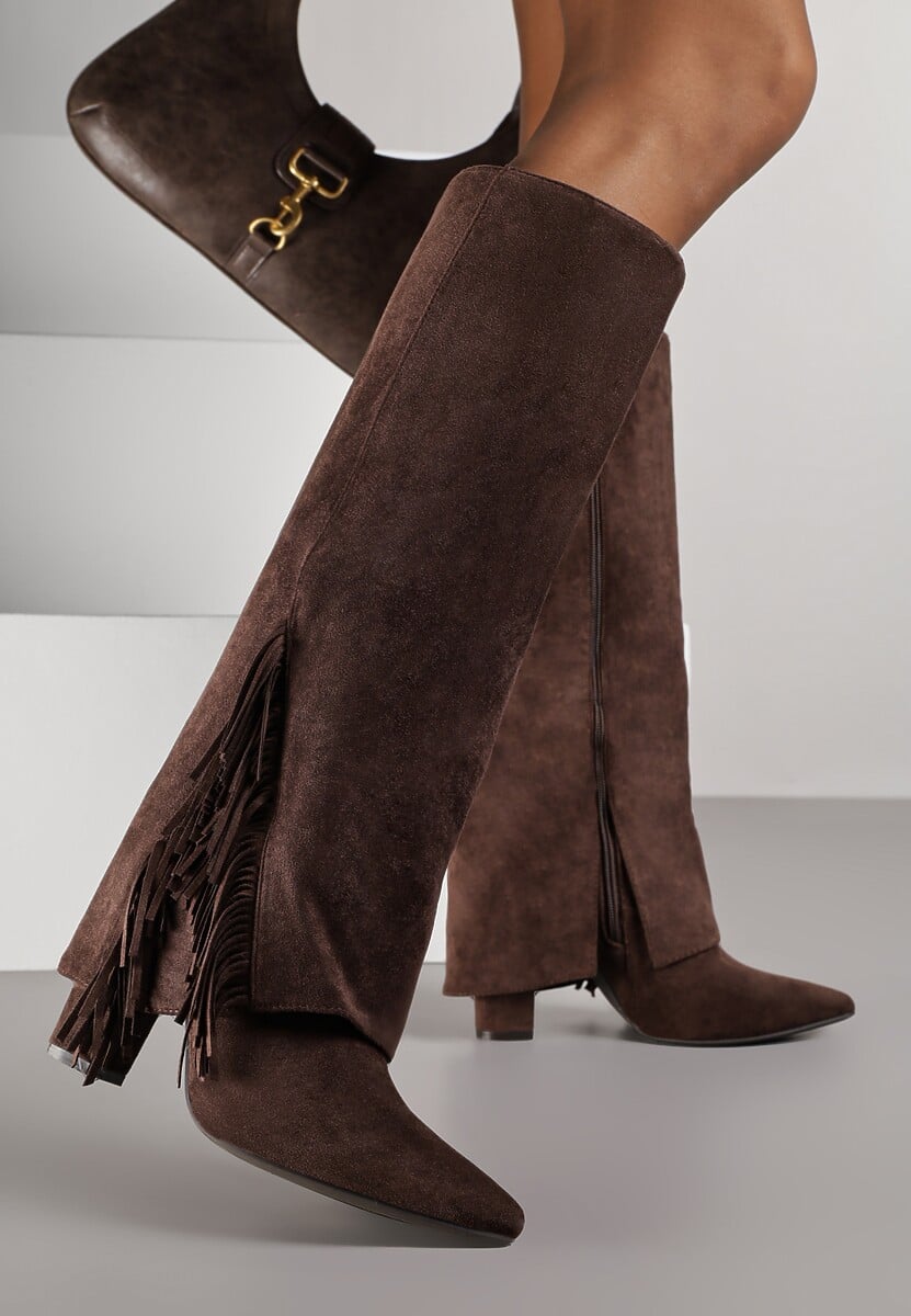 Brązowe Kozaki na Słupkowym Obcasie z Cholewką Imitującą Nogawkę z Frędzlami Linafela 1