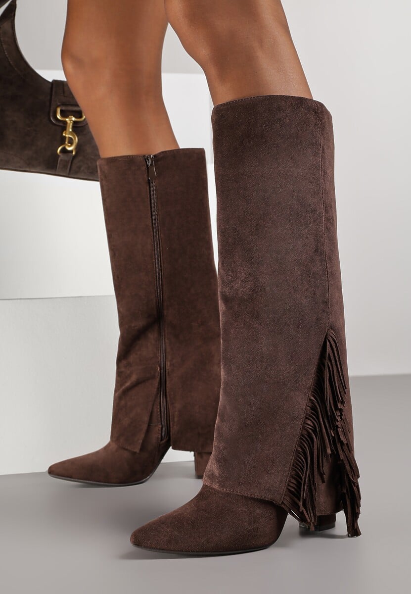 Brązowe Kozaki na Słupkowym Obcasie z Cholewką Imitującą Nogawkę z Frędzlami Linafela 2