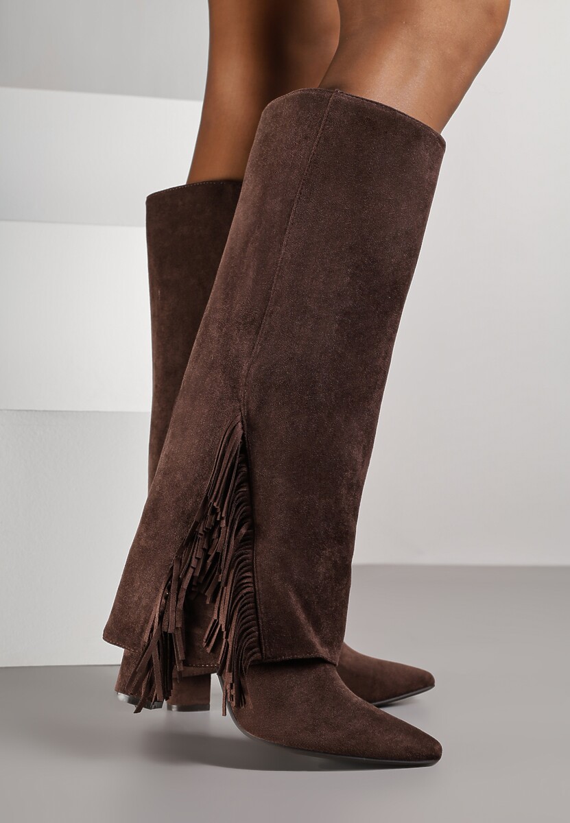 Brązowe Kozaki na Słupkowym Obcasie z Cholewką Imitującą Nogawkę z Frędzlami Linafela 3