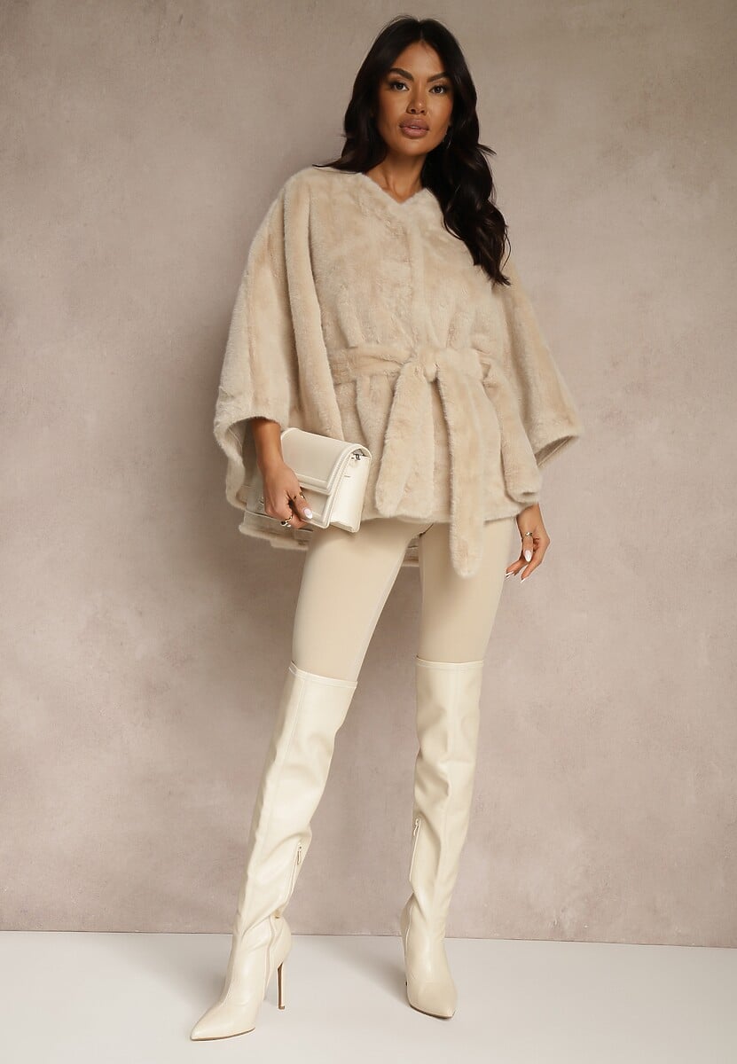 Beżowe Futerkowe Ponczo Ozdobione Paskiem Monareva 2