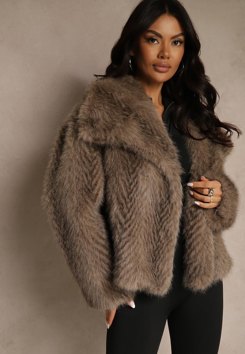 Jasnobrązowa Kurtka Futerko Ozdobione Cieniowanym Motywem Monideva 1