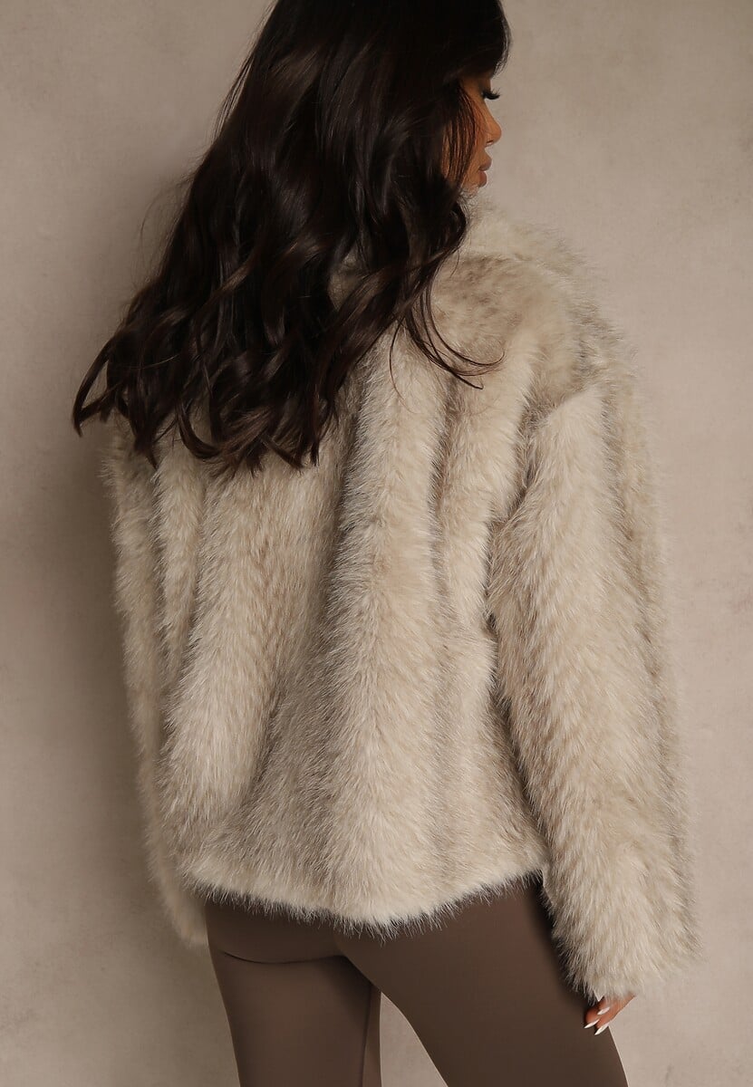 Beżowa Kurtka Futerko Ozdobione Cieniowanym Motywem Monideva 3