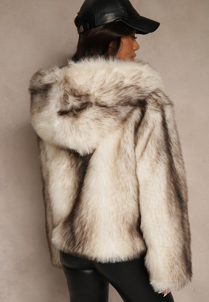 Biała Kurtka Futerko z Nieodpinanym Kapturem Tusnema 3