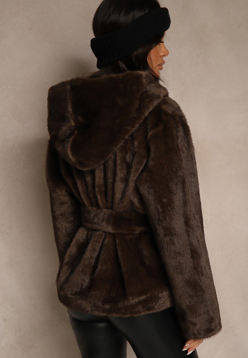 Brązowa Futerkowa Kurtka z Kapturem i Wiązanym Paskiem Zetele 3