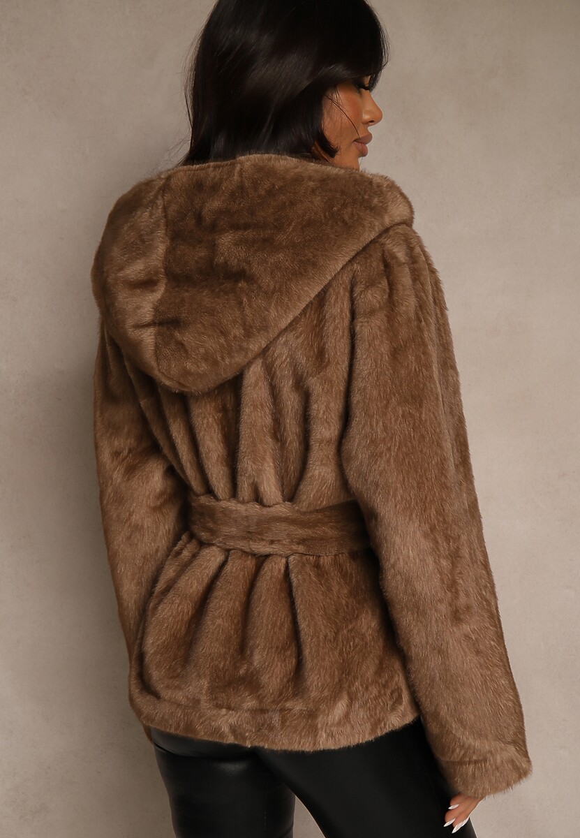 Jasnobrązowa Futerkowa Kurtka z Kapturem i Wiązanym Paskiem Zetele 3