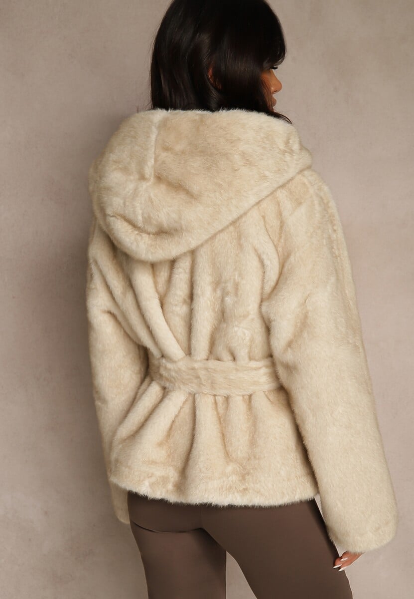 Beżowa Futerkowa Kurtka z Kapturem i Wiązanym Paskiem Zetele 3