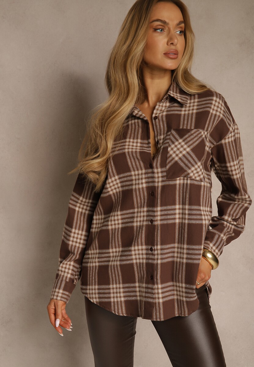 Brązowa Koszula z Bawełny Ozdobiona Kratą Monitela 1