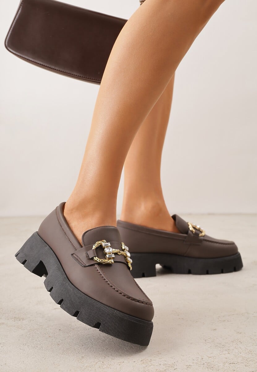 Brązowe Mokasyny na Platfromie w Stylu Chunky Ozdobione Cyrkoniami i Klamrą Tenisea 2