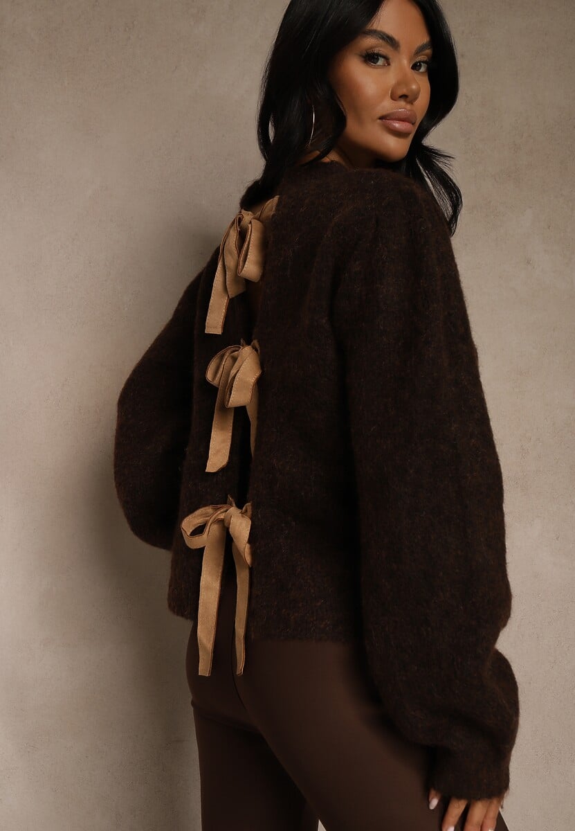 Brązowy Kardigan z Wełną Zdobiony Bufiastymi Rękawami i Wiązaniem na Plecach Tusfina 1