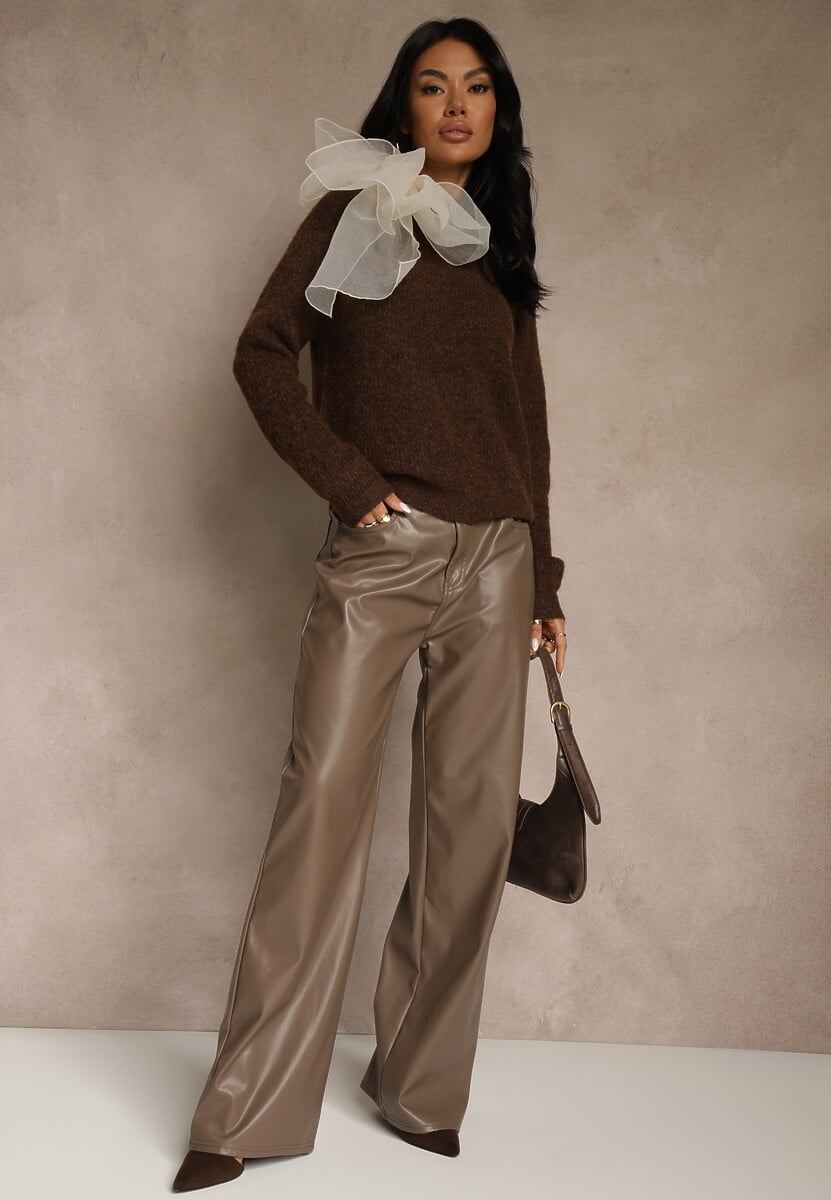 Brązowy Sweter z Dodatkiem Wełny Ozdobiony przy Szyi Wiązaniem Tusmele 2