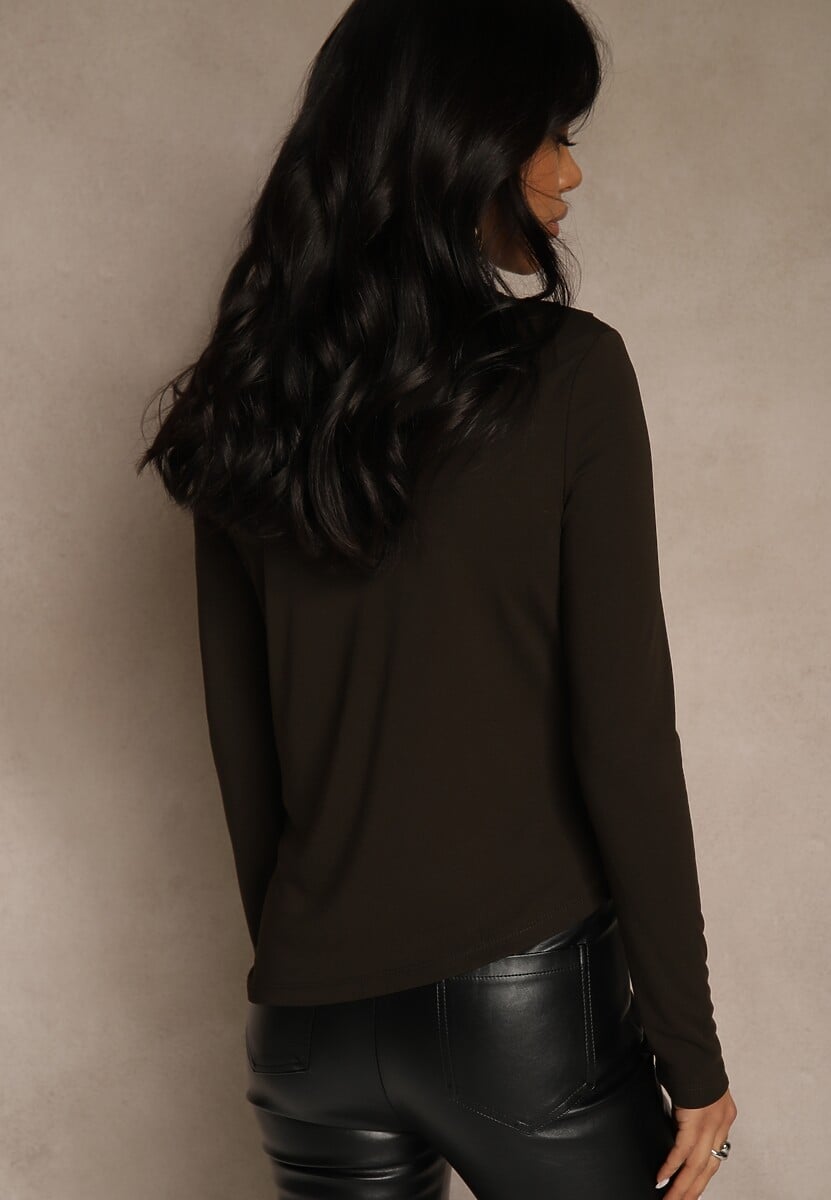 Brązowa Bluzka Longsleeve o Asymetrycznym Kroju z Poduszkami w Ramionach Tusandia 3