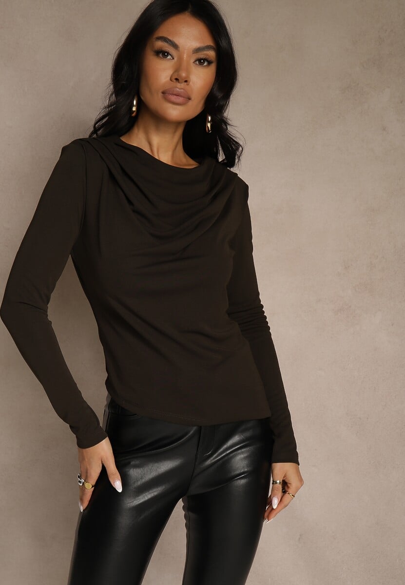 Brązowa Bluzka Longsleeve o Asymetrycznym Kroju z Poduszkami w Ramionach Tusandia 1