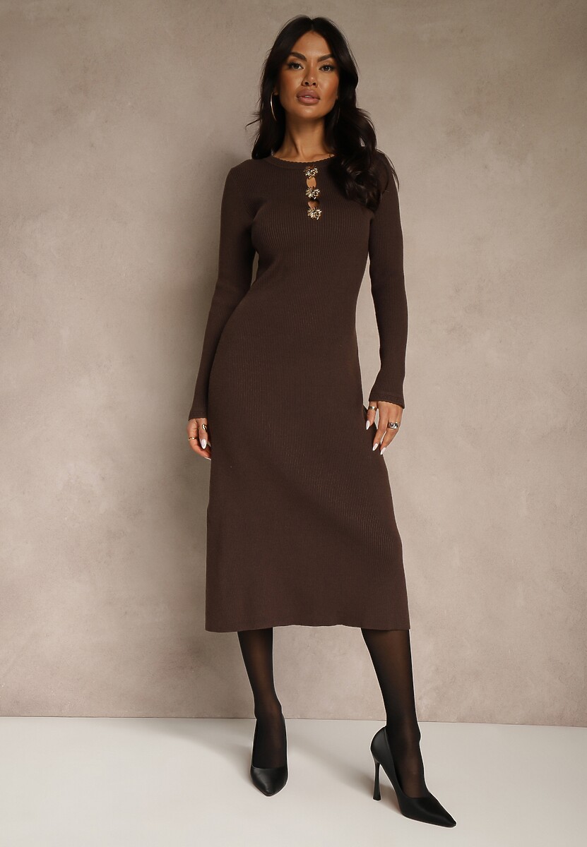 Brązowa Prążkowana Sukienka z Dzianiny z Wiskozą Zdobiona Aplikacjami Tusmeira 1