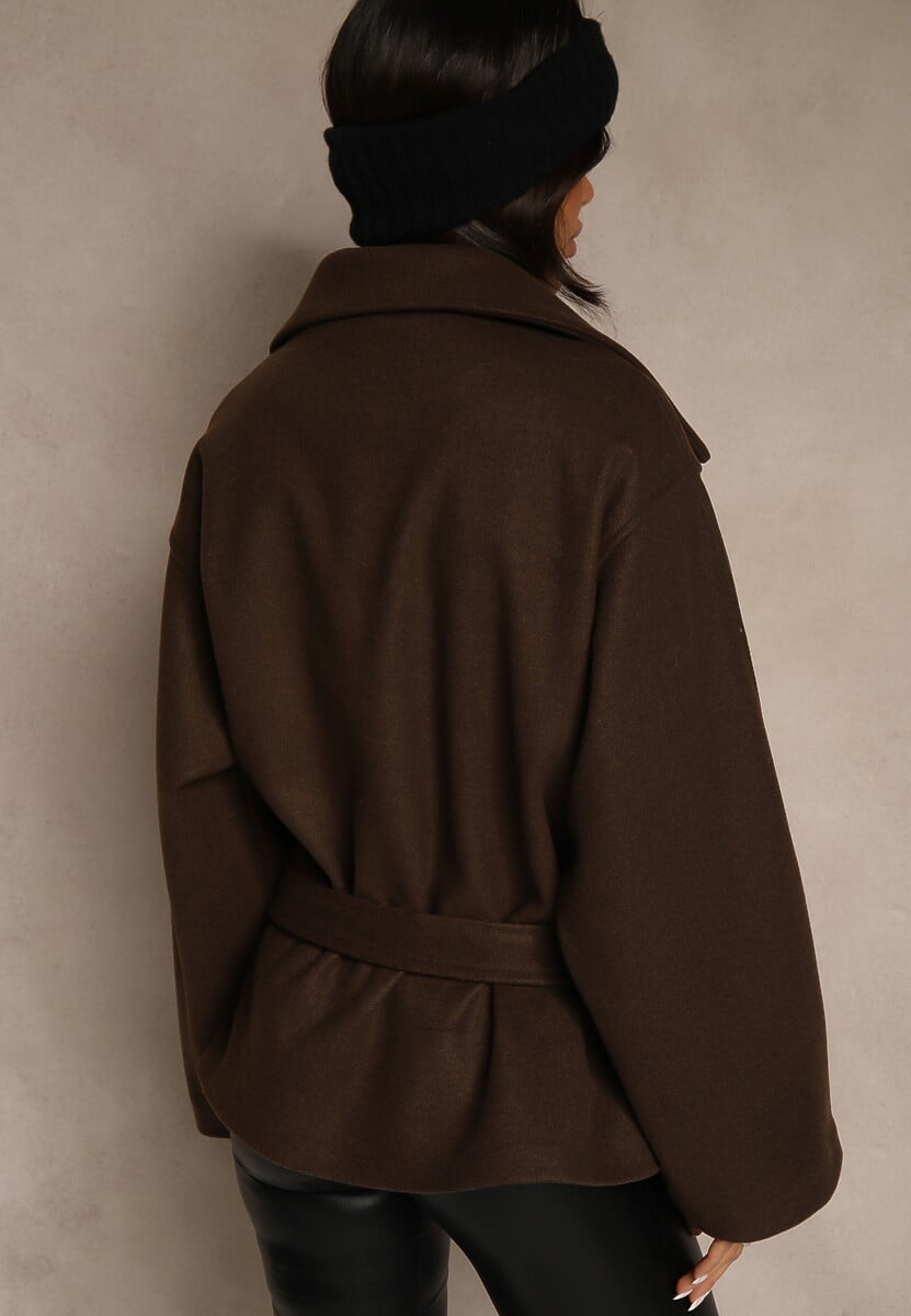 Brązowy Pudełkowy Krótki Płaszcz z Wiskozą z Wiązanym Paskiem i Kołnierzykiem Tusainea 3