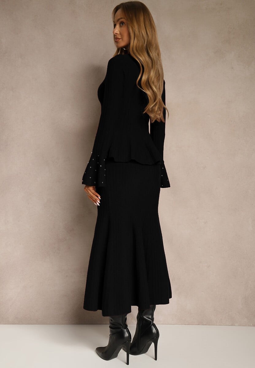 Czarny Komplet z Dzianiny z Wiskozą Spódnica i Sweter z Baskinką i Cyrkoniami Nereza 3