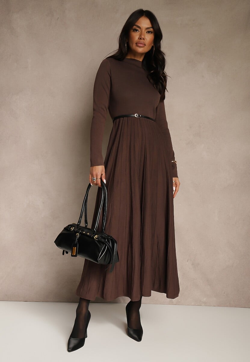 Brązowa Dzianinowa Sukienka Rozkloszowana Longsleeve z Wiskozą i Paskiem Tusnira 2