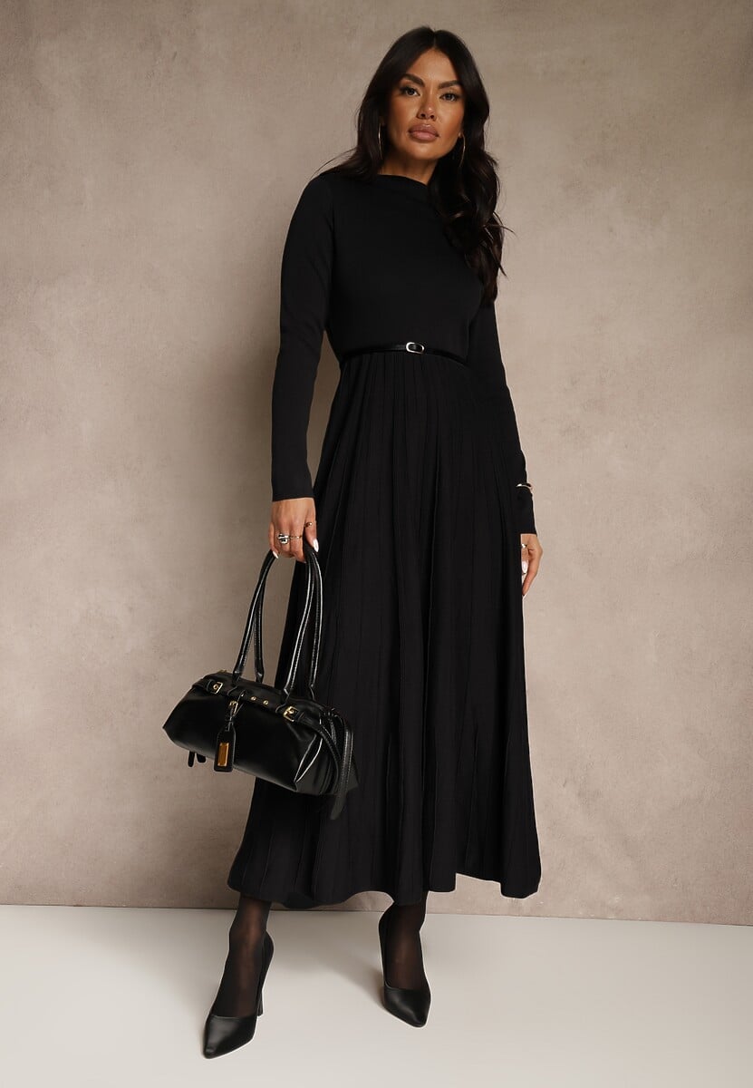 Czarna Dzianinowa Sukienka Rozkloszowana Longsleeve z Wiskozą i Paskiem Tusnira 1