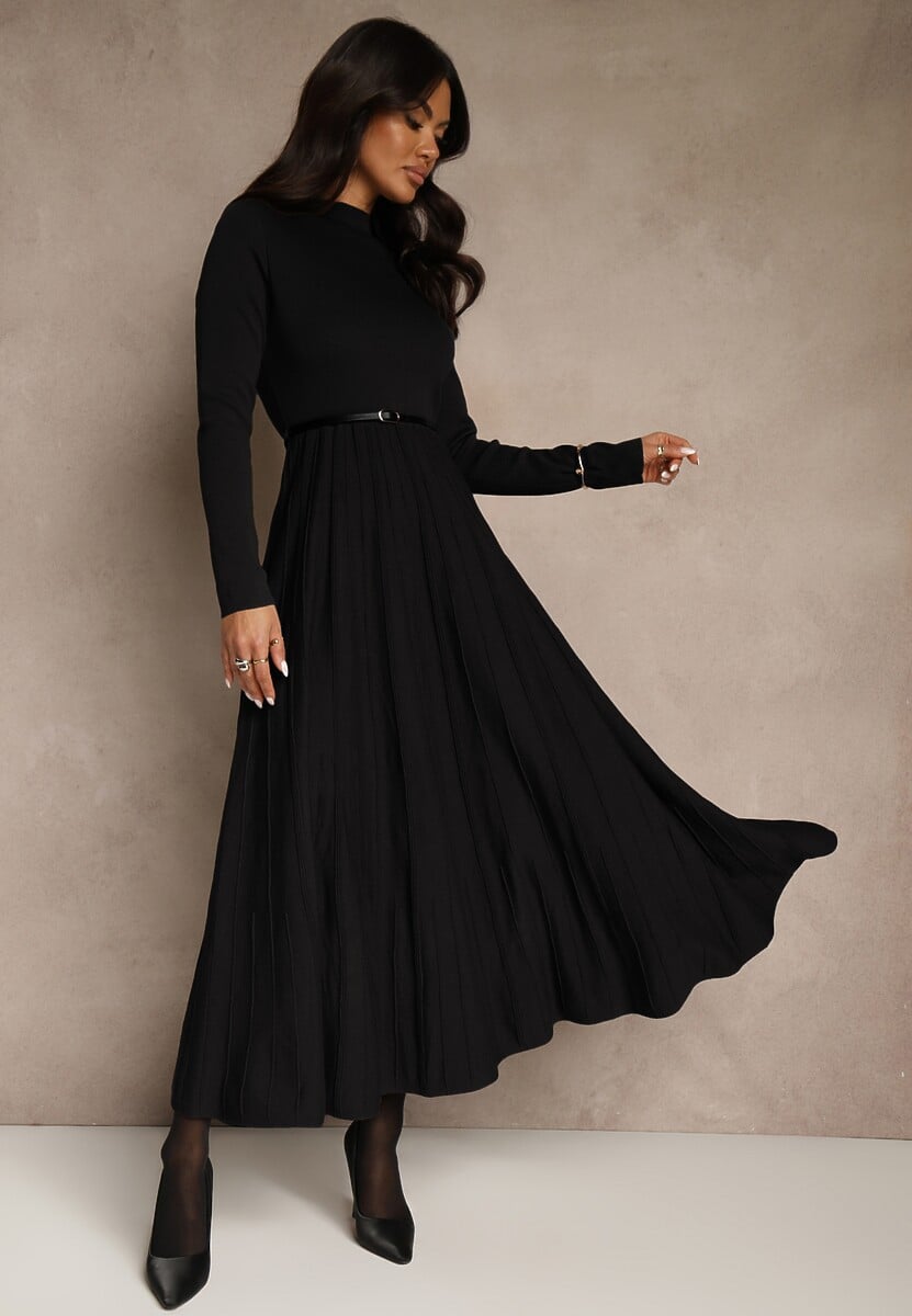 Czarna Dzianinowa Sukienka Rozkloszowana Longsleeve z Wiskozą i Paskiem Tusnira 2