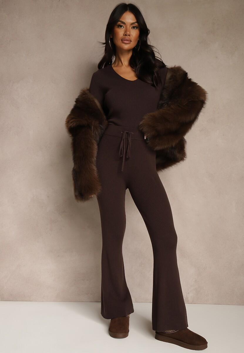 Brązowe Dzianinowe Spodnie z Wiskozą o Kroju Flare Zetene 1