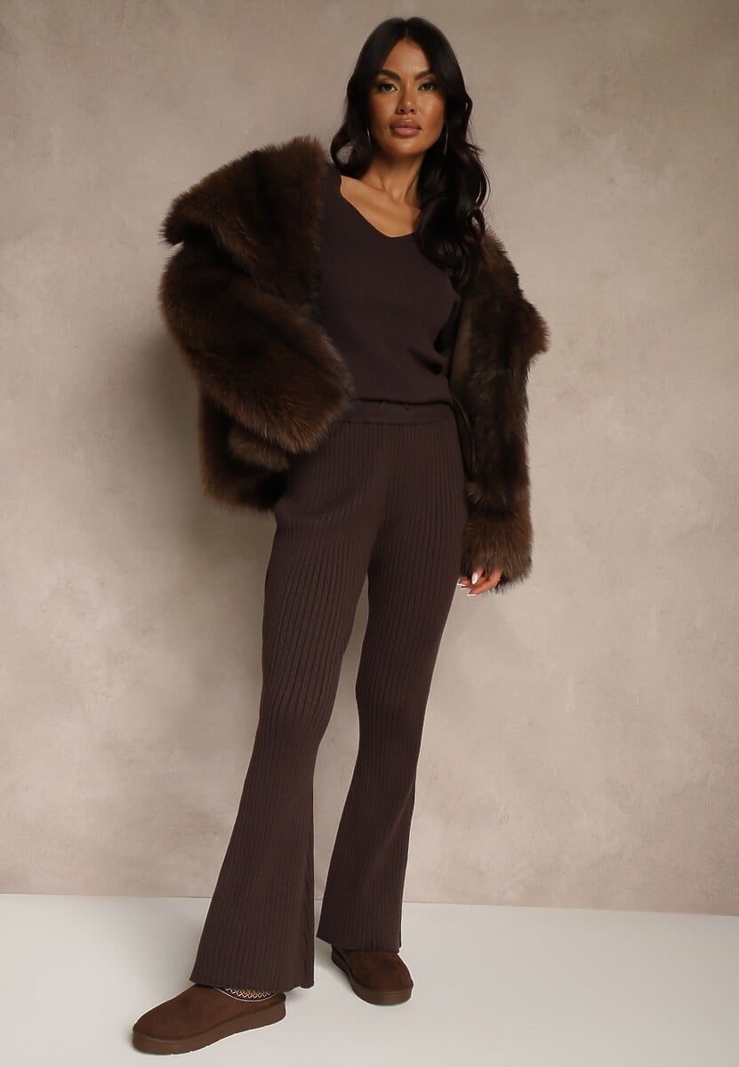 Brązowe Spodnie Dzwony z Wiskozą High Waist Tusrima 2