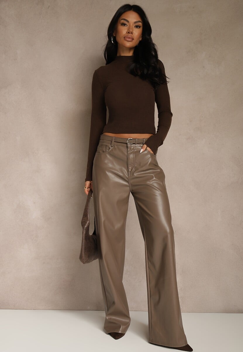 Brązowa Półtransparentna Bluzka Longsleeve ze Stójką z Dodatkiem Wiskozy Tusliana 2