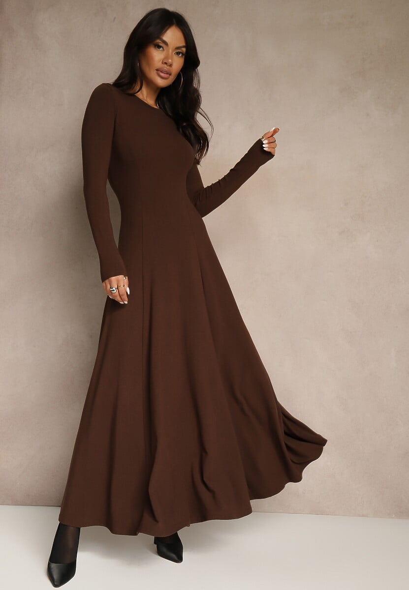 Brązowa Rozkloszowana Sukienka z Bawełny Tusmala 1