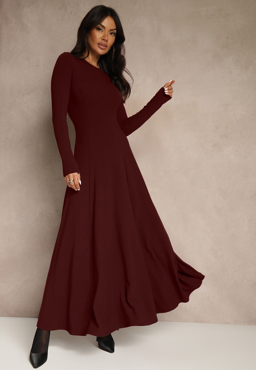 Bordowa Rozkloszowana Sukienka z Bawełny Tusmala 1