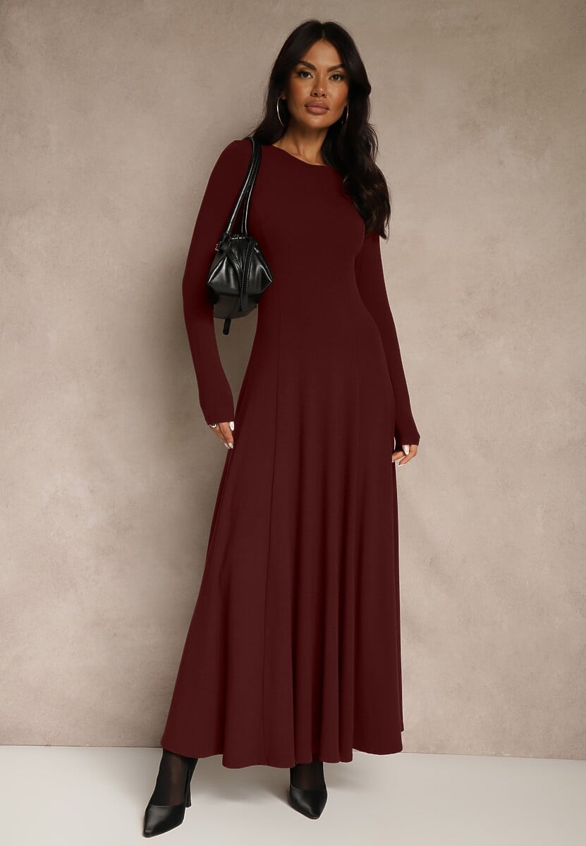 Bordowa Rozkloszowana Sukienka z Bawełny Tusmala 2