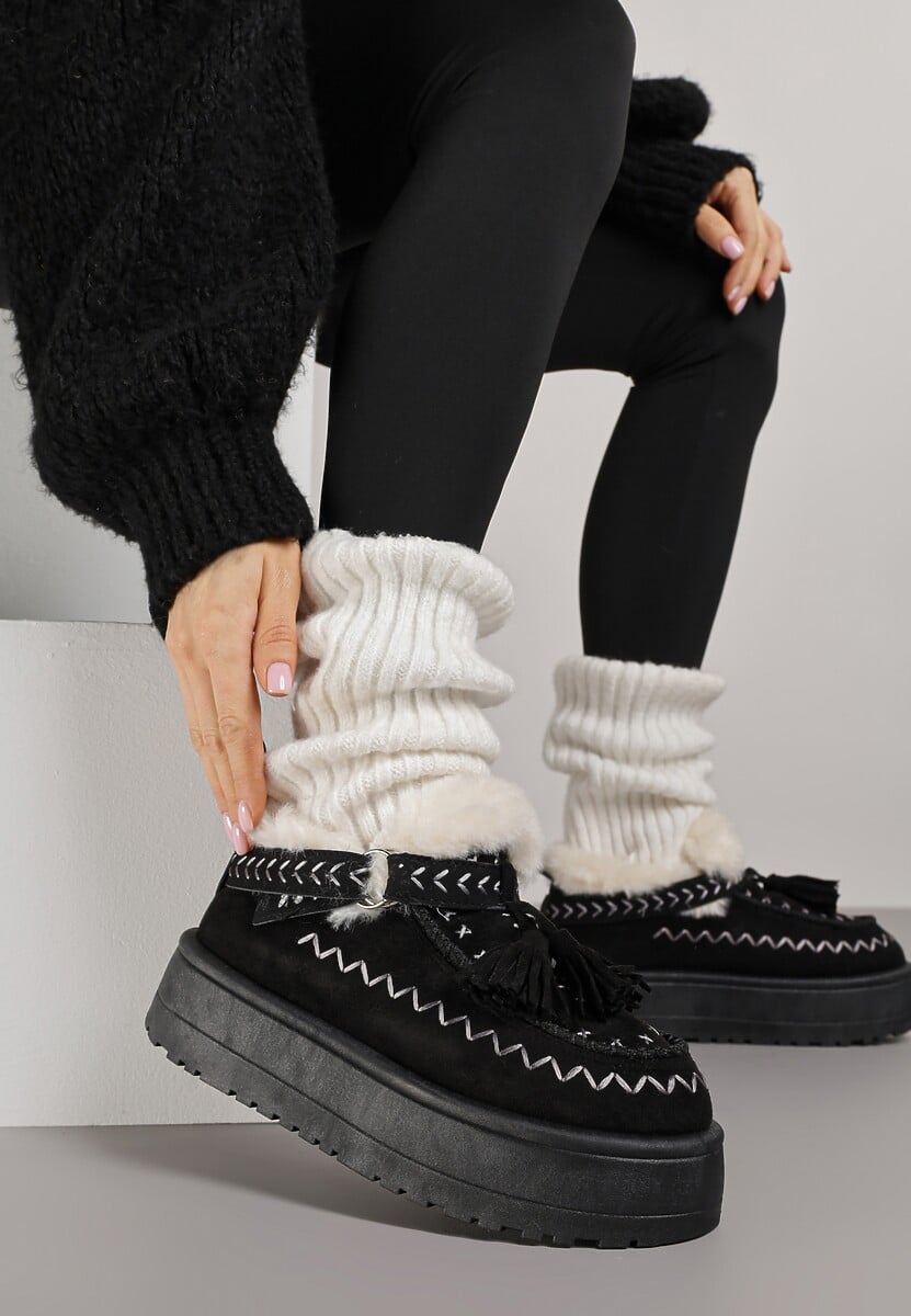 Czarne Śniegowce na Platformie Ozdobione Haftem i Frędzlami  Linomis 1