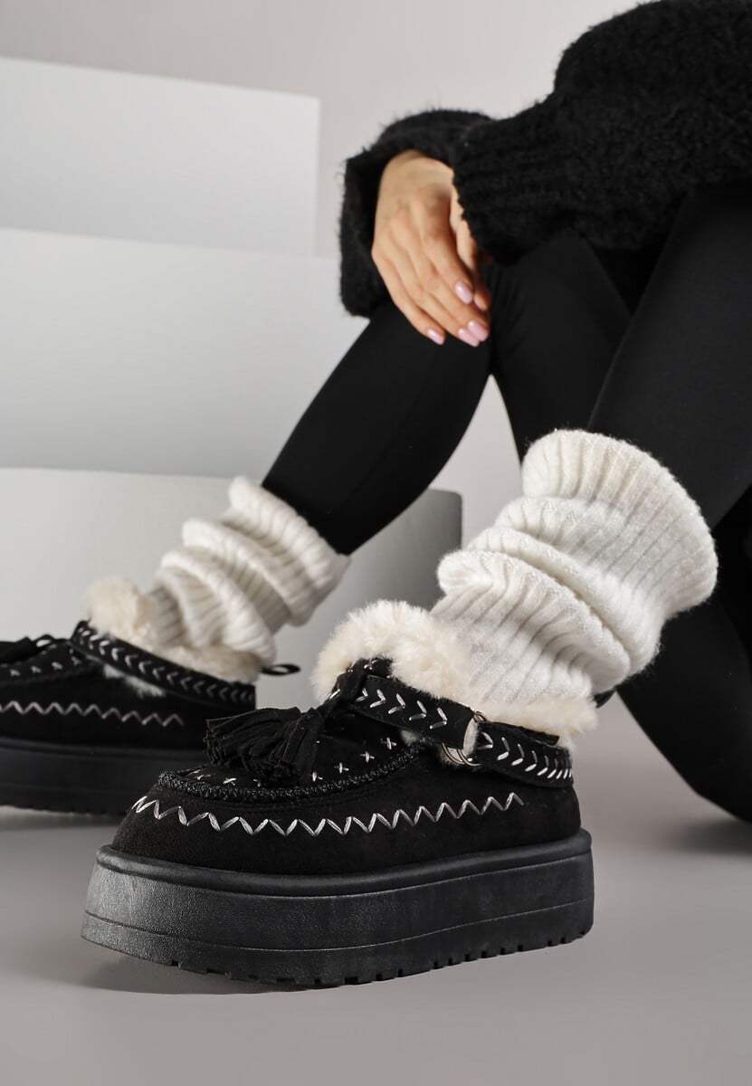 Czarne Śniegowce na Platformie Ozdobione Haftem i Frędzlami  Linomis 2