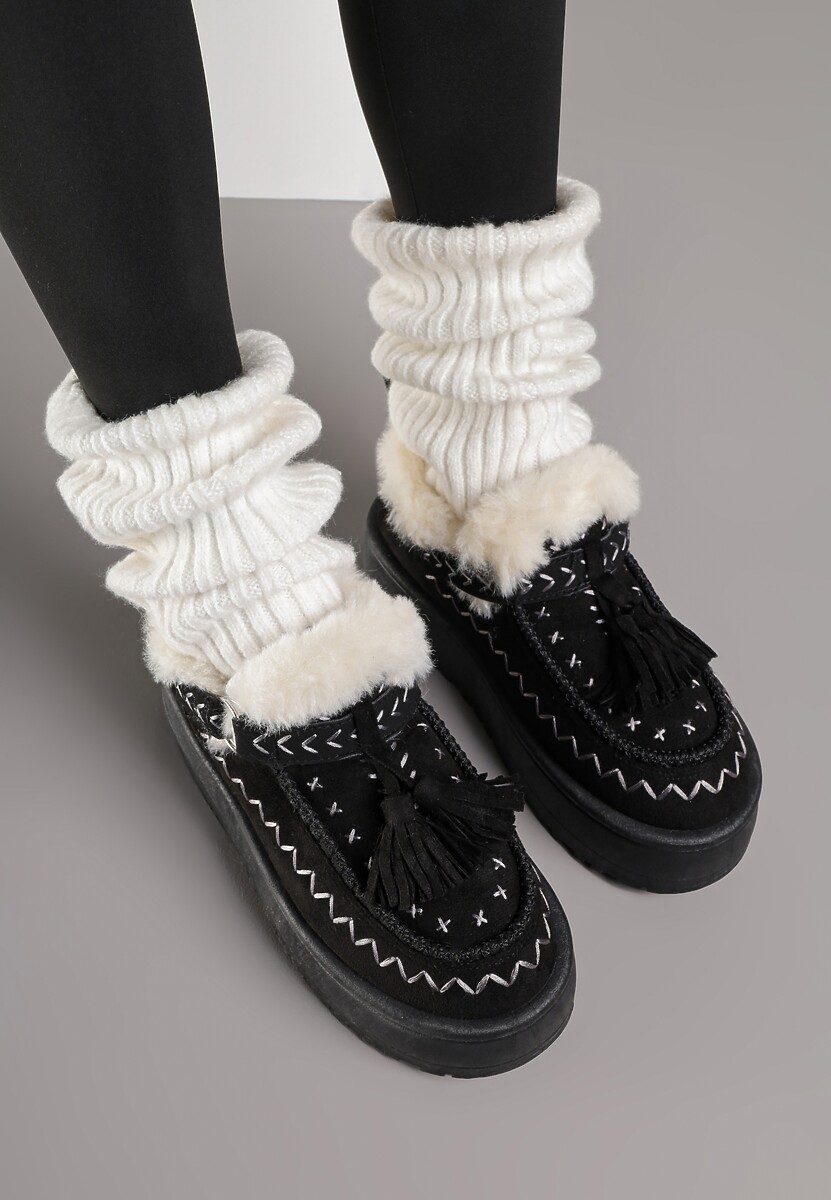 Czarne Śniegowce na Platformie Ozdobione Haftem i Frędzlami  Linomis 3